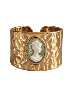 Damenring Gehämmert, Bandring Gold, Breiter Goldring Damen, Statement Ring, Barock Schmuck, Cameo Grün, Geburtstagsgeschenk, Gift for Her